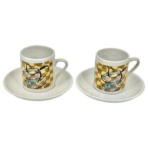2 Contemporary Espresso Cup Saucer Coffee Bean Checkered Yellow Brown Graphic